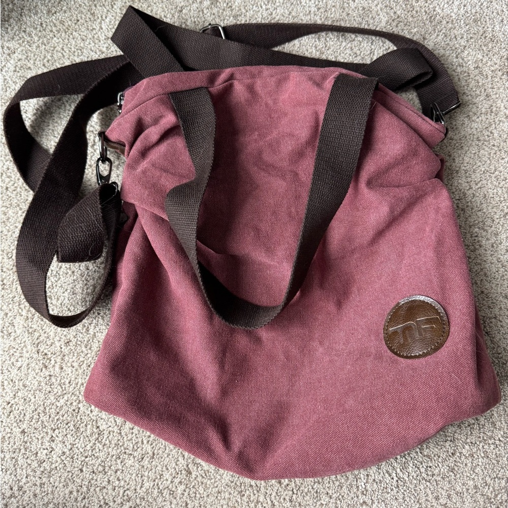 Stylish Burgundy Crossbody Tote Bag with Brown Straps